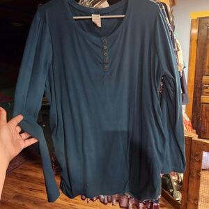 Time and Tru Teal Button-Front Blouse